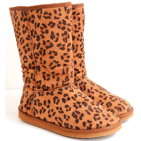 Y2K Soda Leopard Print Fleece Shearling Vegan Warm Boots Women's Size 8.5 - Picture 2 of 5